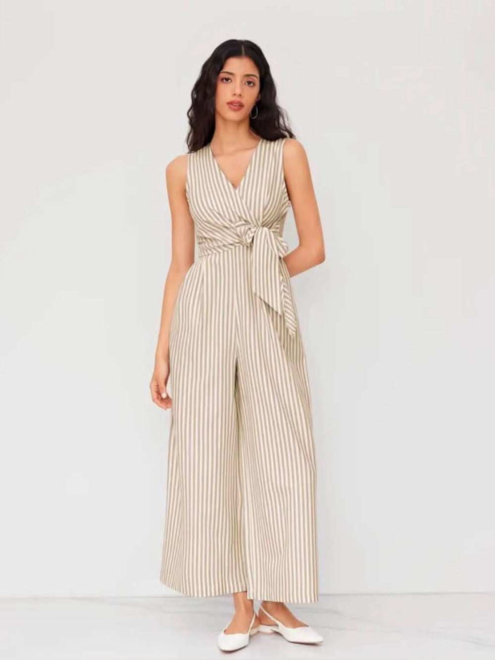 Cider COTTON-BLEND V-NECK STRIPED KNOTTED WIDE LEG JUMPSUIT large nwt